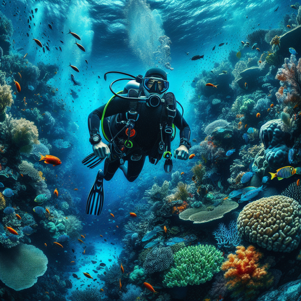 A scuba diver exploring an underwater landscape with vibrant marine life, colorful fish, and coral reefs in a realistic depiction.