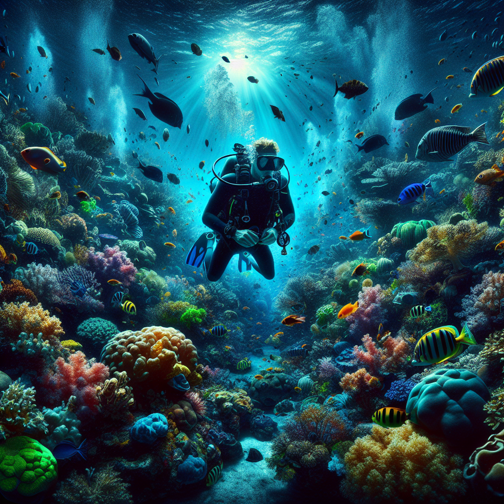 A realistic scene of a scuba diver exploring a vibrant coral reef with marine life.