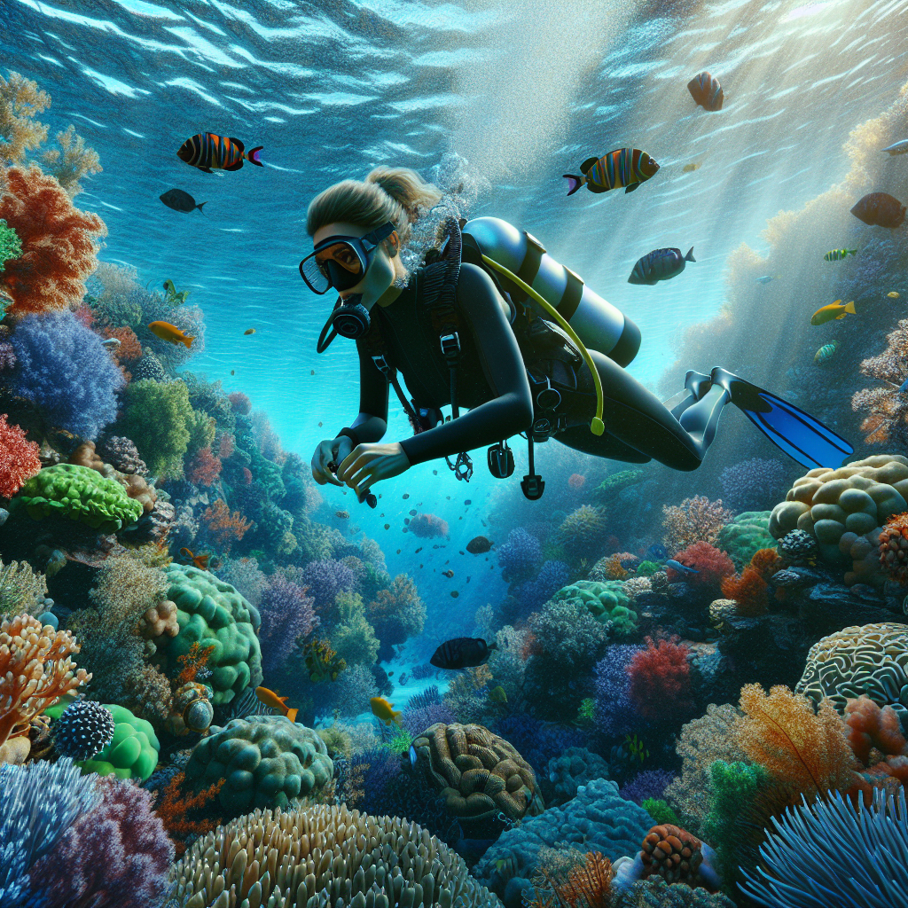 A realistic image of a scuba diver exploring a vibrant coral reef with various marine life.