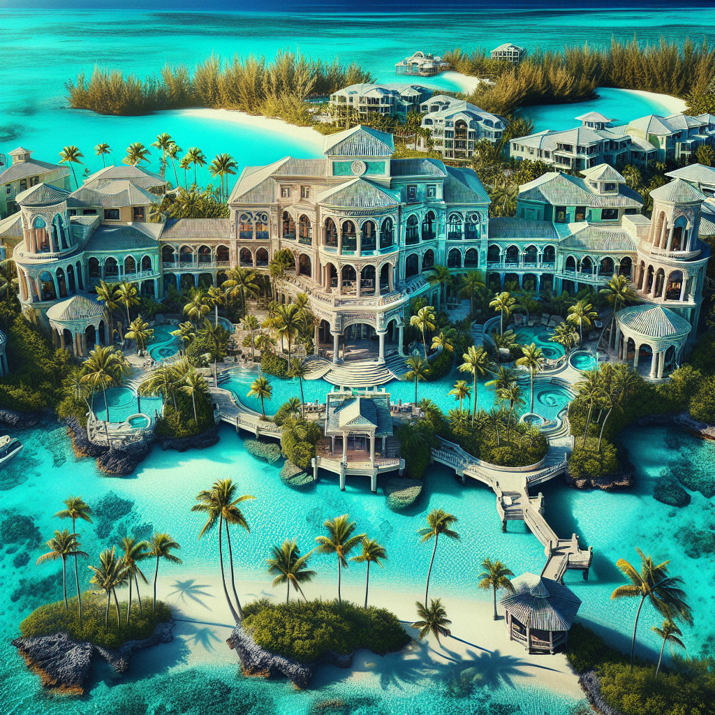 A realistic depiction of the Atlantis Resort in the Bahamas with its iconic towers, tropical surroundings, and vibrant blue waters.