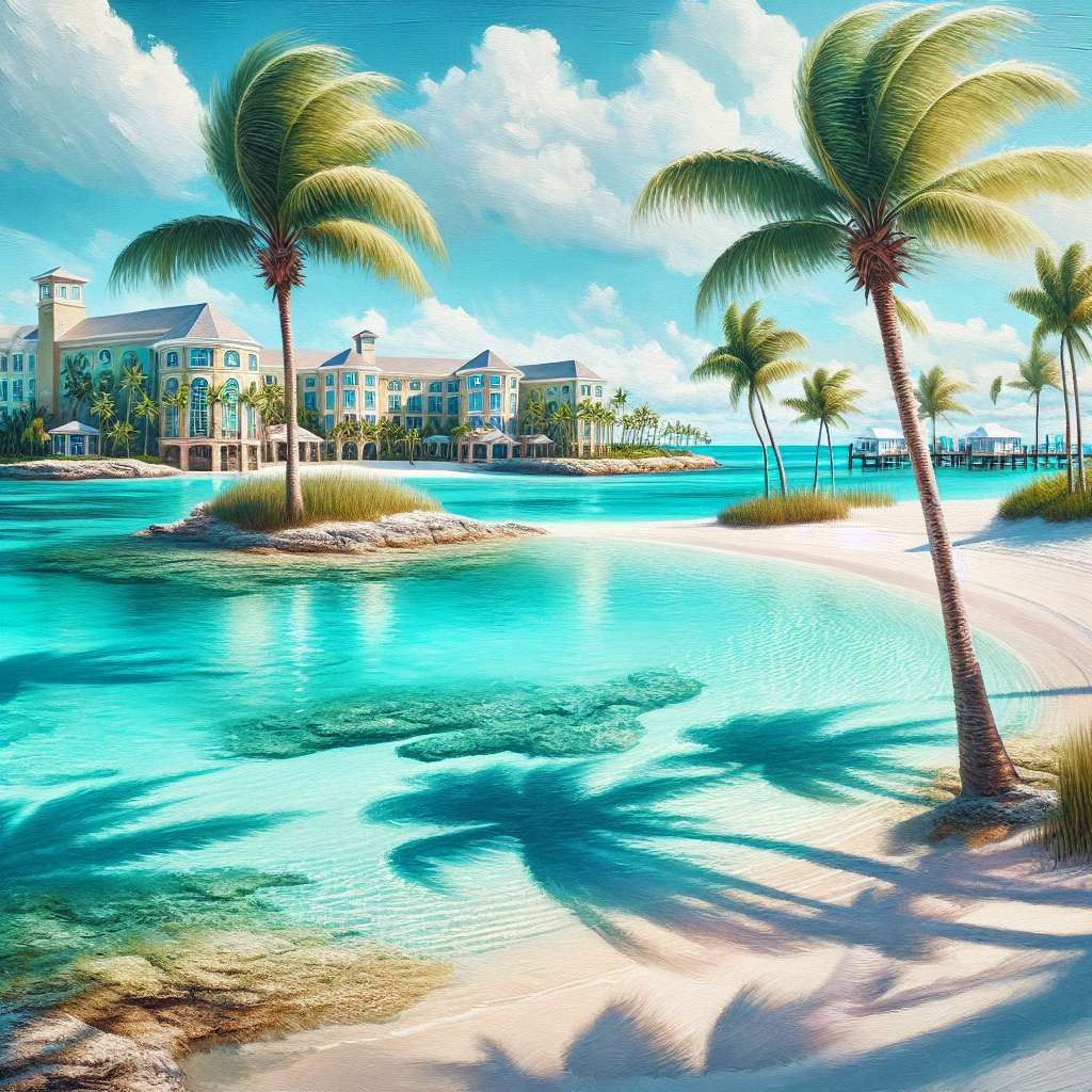 A realistic beach scene at Atlantis, Bahamas with turquoise waters, white sand, palm trees, and the Atlantis resort in the background.