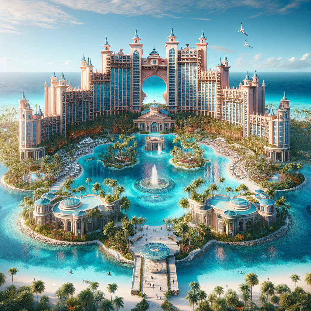 Realistic depiction of the Atlantis Bahamas resort with clear blue waters, lush tropical surroundings, and grand architectural features.