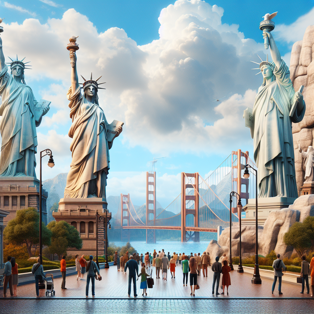 Realistic image of popular USA sightseeing landmarks including the Statue of Liberty, Golden Gate Bridge, and Mount Rushmore.