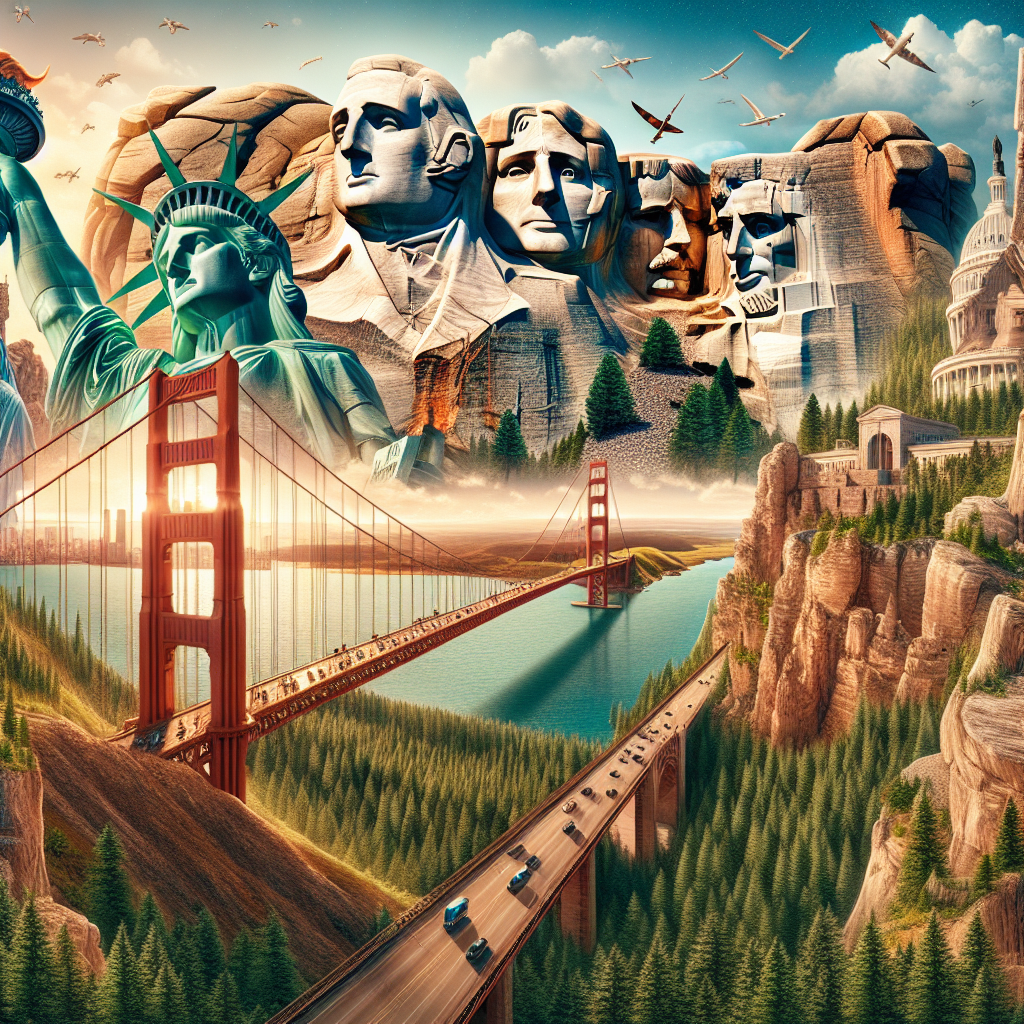 A composite image of popular USA sightseeing landmarks in a realistic and vibrant style.