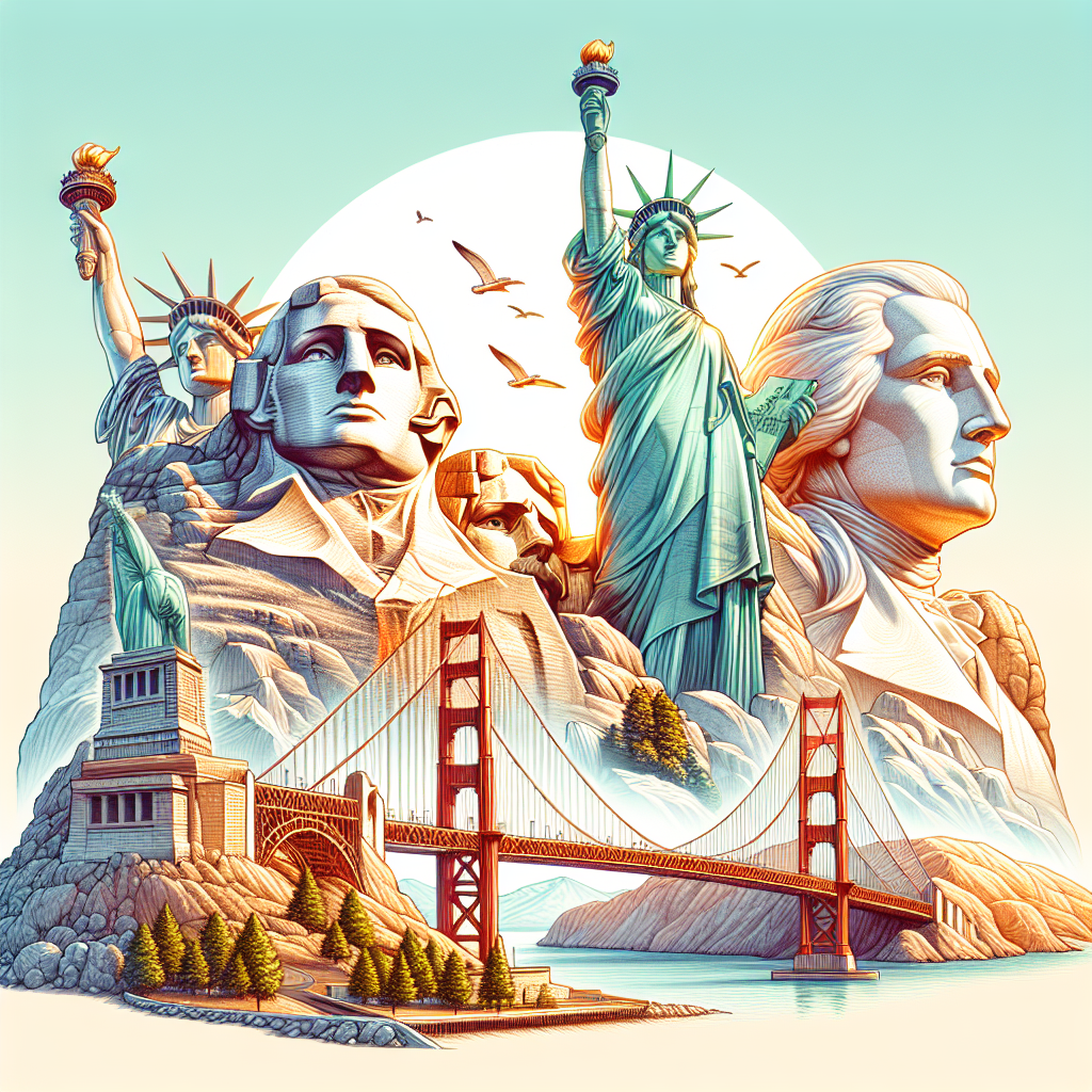 Realistic image of famous USA landmarks like the Statue of Liberty, Golden Gate Bridge, and Mount Rushmore.