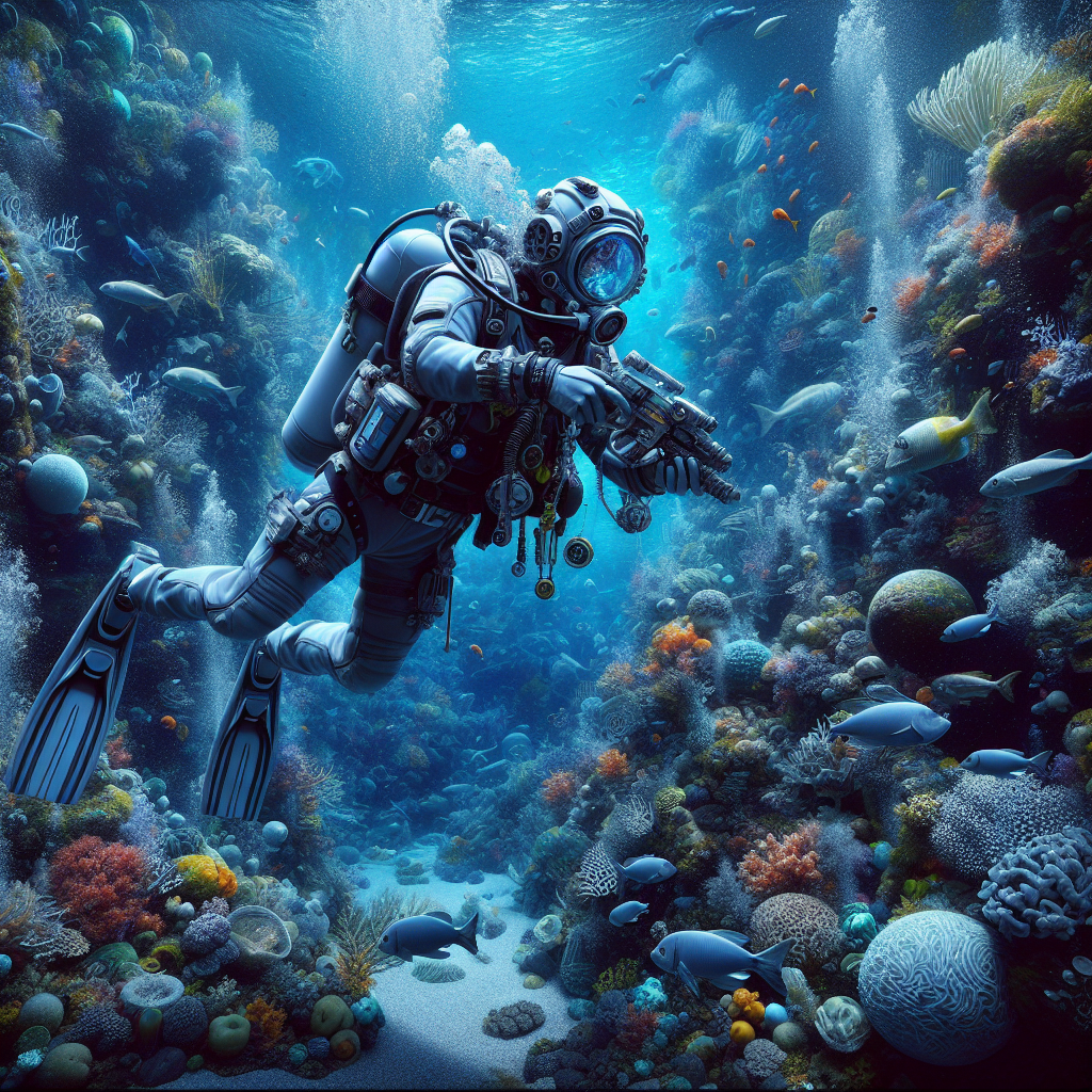 A realistic underwater diving scene with a diver, vibrant coral reefs, and marine life.