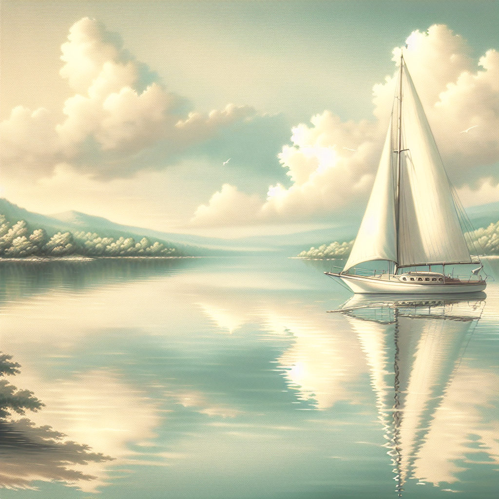 A realistic depiction of a sailboat on a tranquil lake with white sails, surrounded by lush greenery and distant hills.