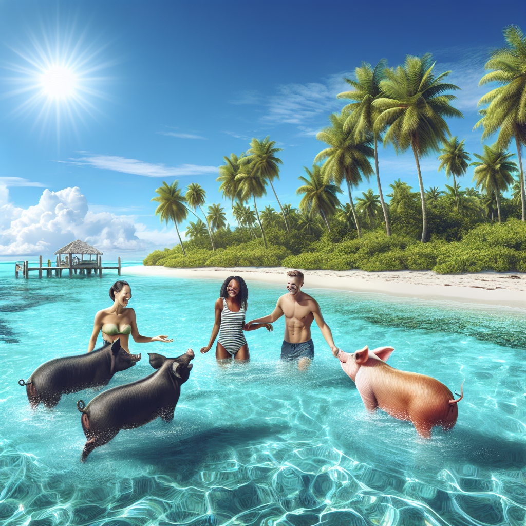 A realistic image of people swimming with pigs in the Bahamas.