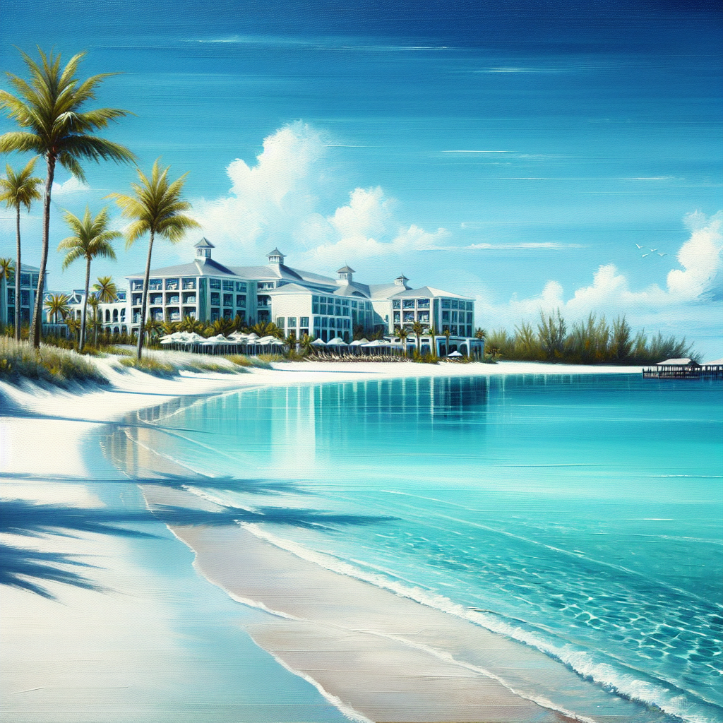 A realistic beach scene in the Bahamas with white sand, turquoise waters, palm trees, and luxurious beachside hotels.