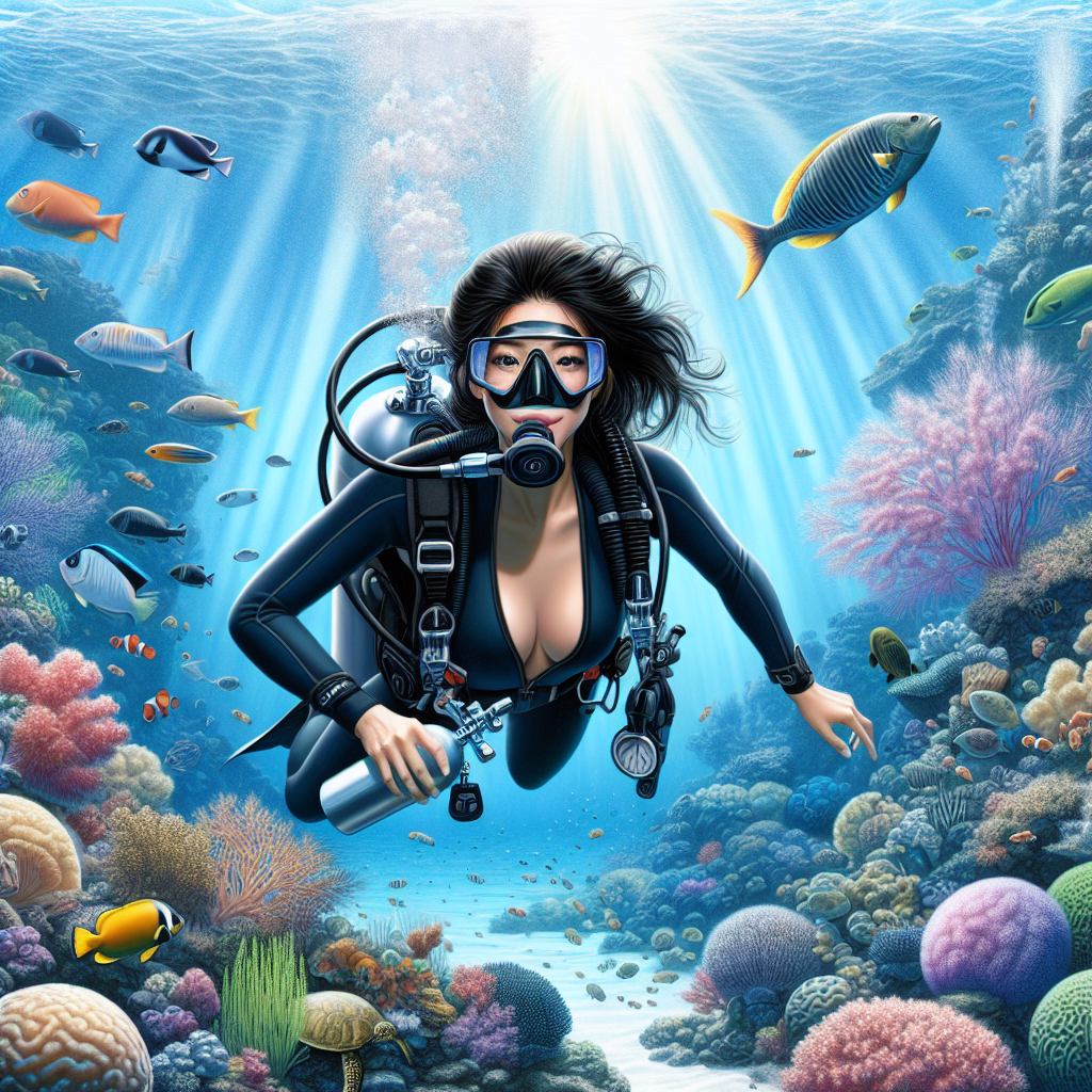 A realistic image of a scuba diver underwater near a coral reef, surrounded by marine life.