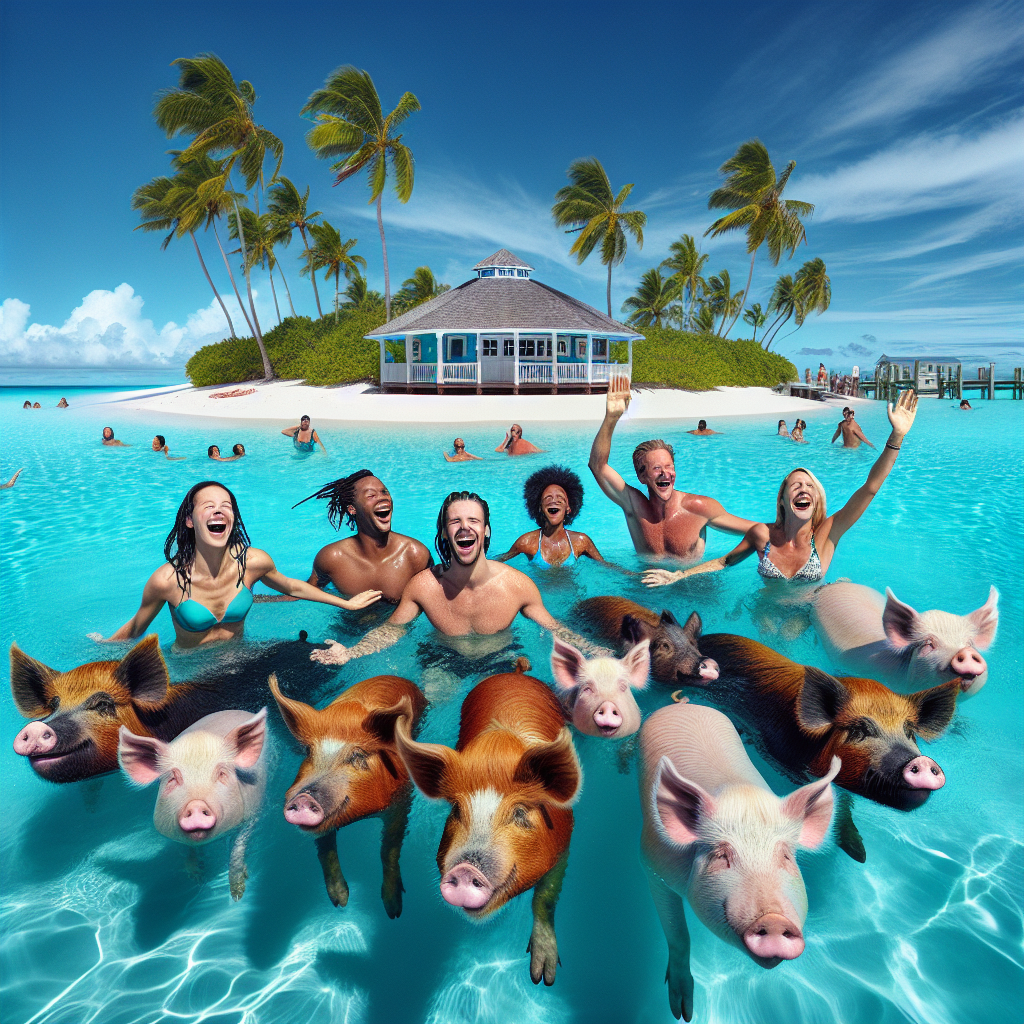 People swimming with pigs in the clear turquoise waters of the Bahamas.