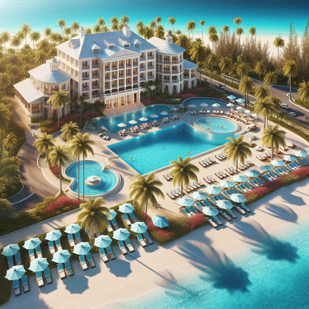 A realistic portrayal of a luxurious beach hotel in the Bahamas with elegant design, palm trees, sandy beach, and clear blue water.