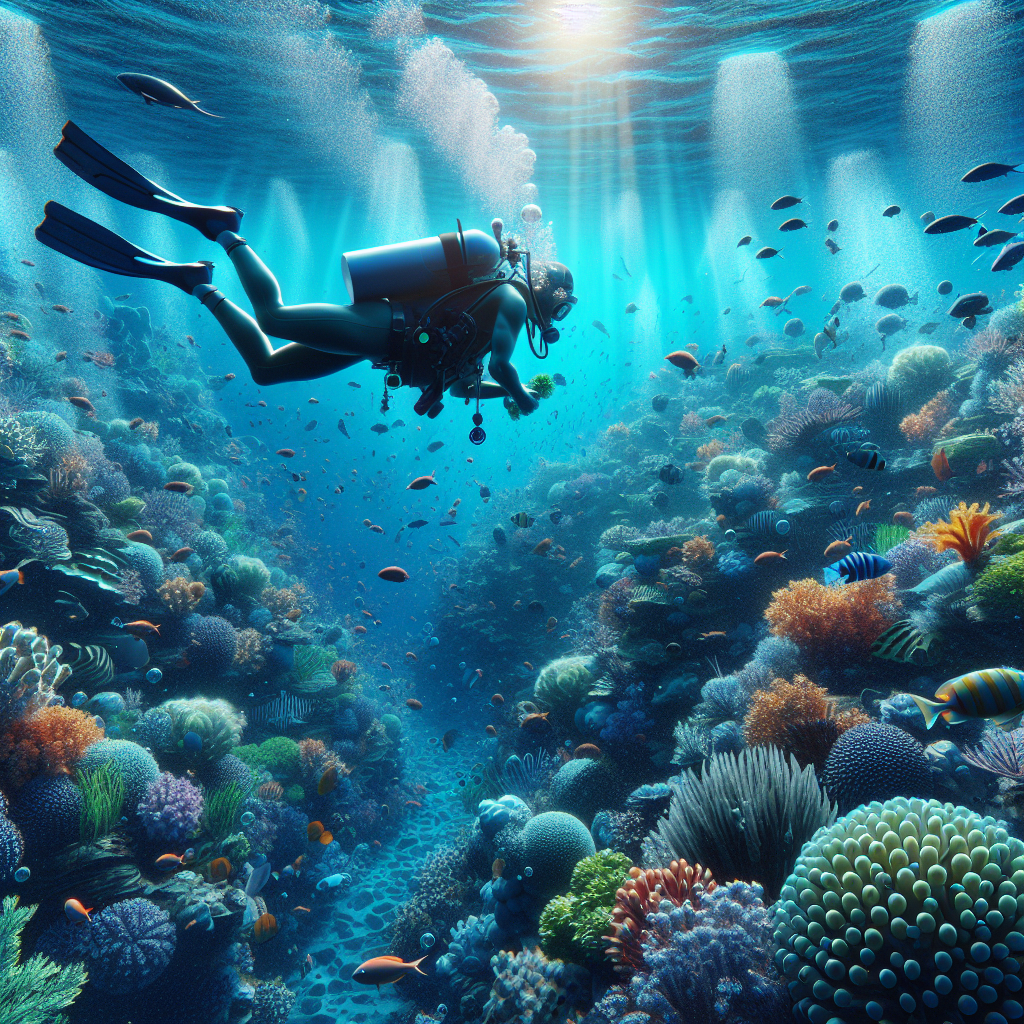 An underwater scene with a diver exploring a colorful coral reef.