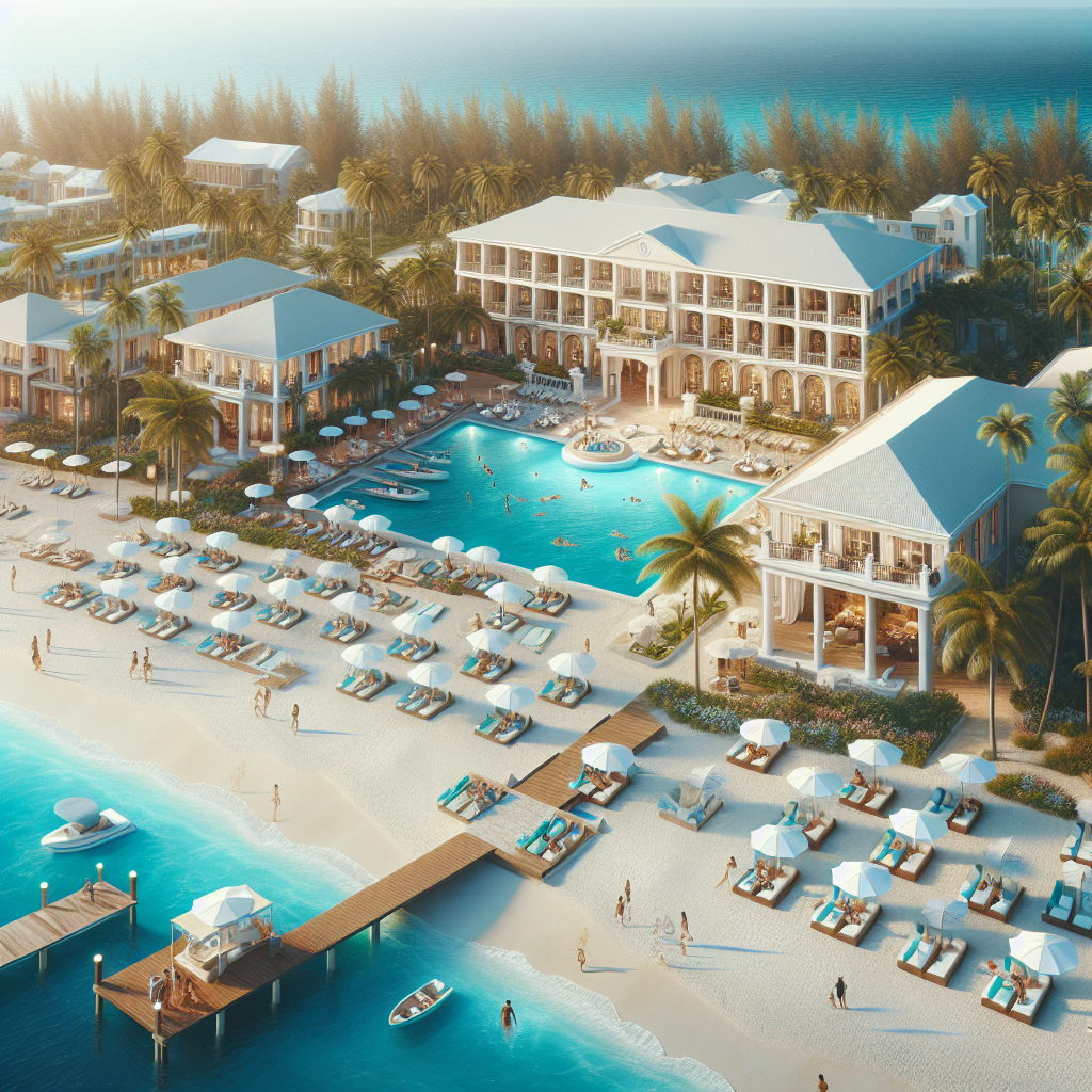 A luxury beachfront hotel in the Bahamas with white sandy beaches, turquoise waters, and modern amenities.