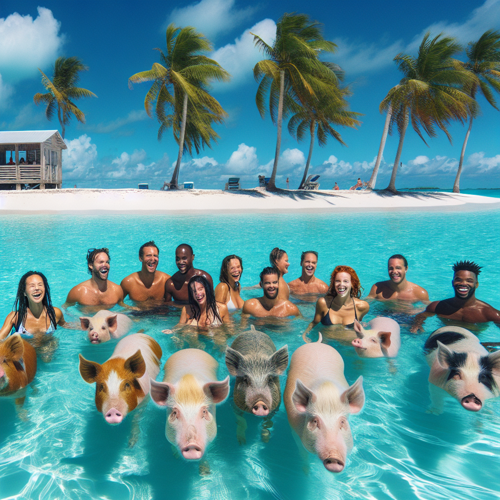 People swimming with pigs in the crystal-clear waters of the Bahamas, surrounded by tropical scenery.