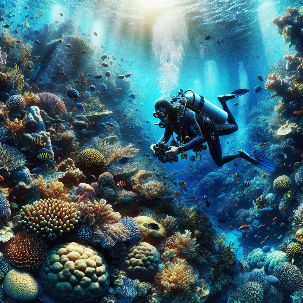 A diver exploring a coral reef underwater.