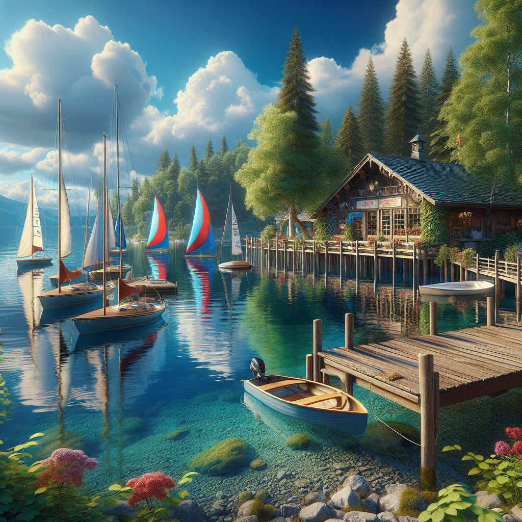 A peaceful lake scene with sailboats docked at a rental shop's pier, surrounded by greenery and blue skies.