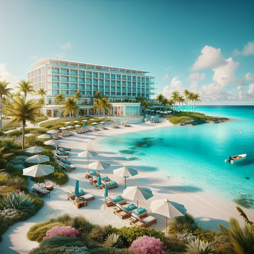 Realistic depiction of a beachfront hotel in the Bahamas with clear waters, white sandy beaches, and luxurious amenities.