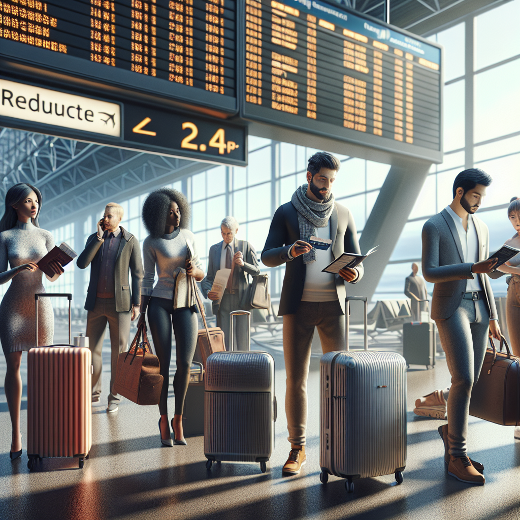 Scene of travelers at an airport with a digital board displaying discounted airfare prices.