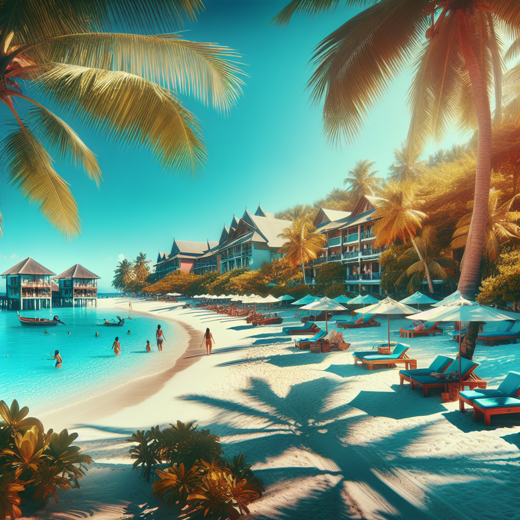 A realistic tropical beach scene in the Bahamas with clear blue waters, white sandy beaches, palm trees, and beachside hotels.