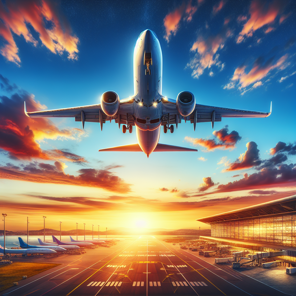 Airplane taking off with a vibrant sunset background, showcasing an airport scenery.