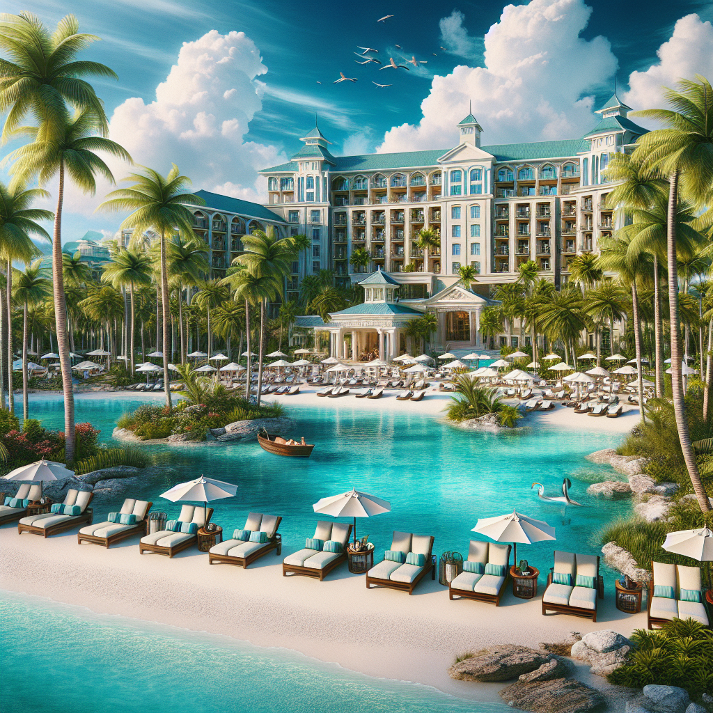 A luxurious resort in the Bahamas with white sandy beaches, clear turquoise waters, elegant hotel buildings, and lush greenery.