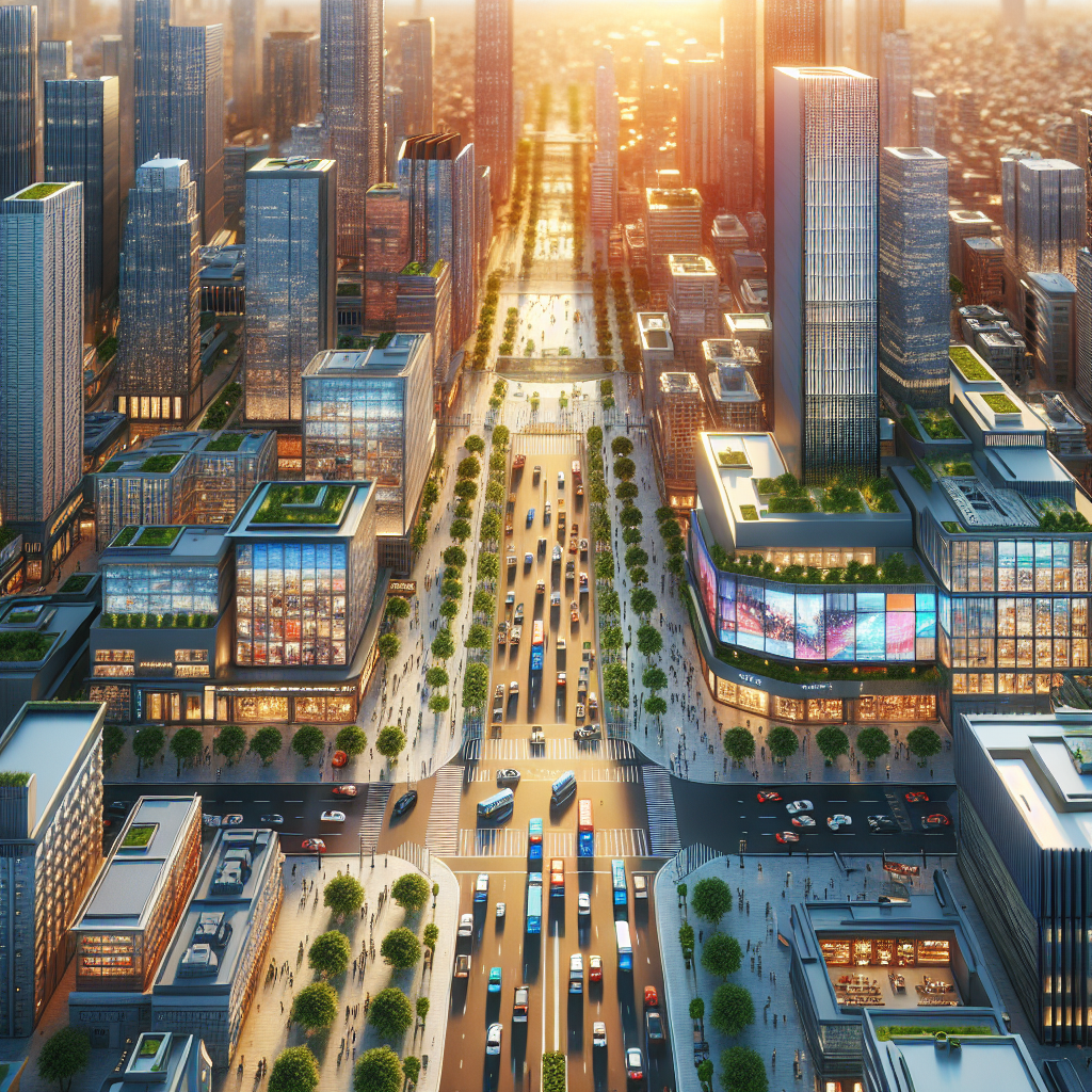 A realistic cityscape viewed from above at sunset.