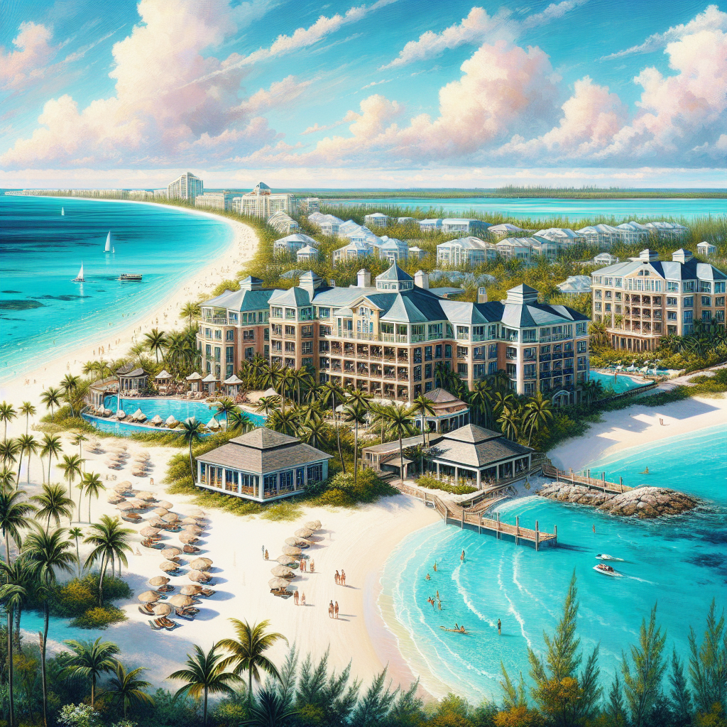 A luxurious beach resort in the Bahamas with sandy beaches, turquoise waters, palm trees, and beachfront hotels.