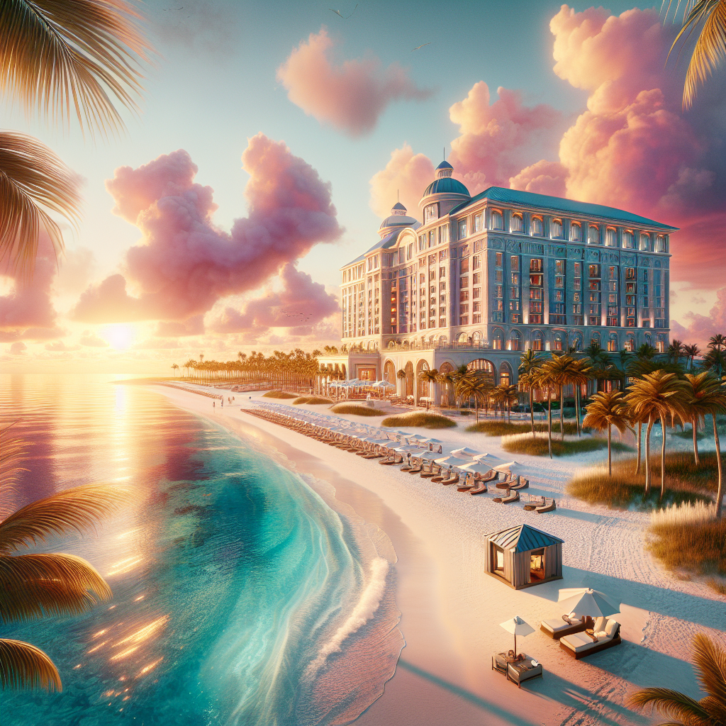 A realistic image of a luxury beachfront hotel in the Bahamas with white sands, turquoise waters, and a vibrant sunset.