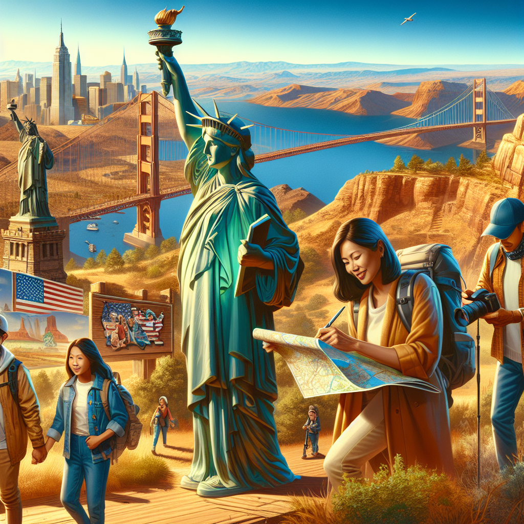 Realistic depiction of USA travel packages with iconic landmarks and diverse travelers.