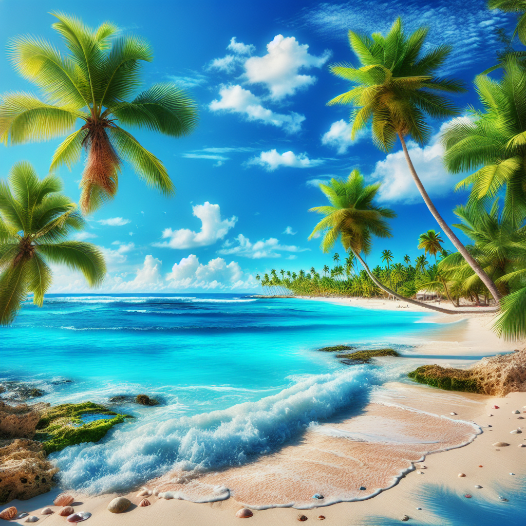 A realistic Caribbean beach scene with blue waters, white sands, and palm trees.