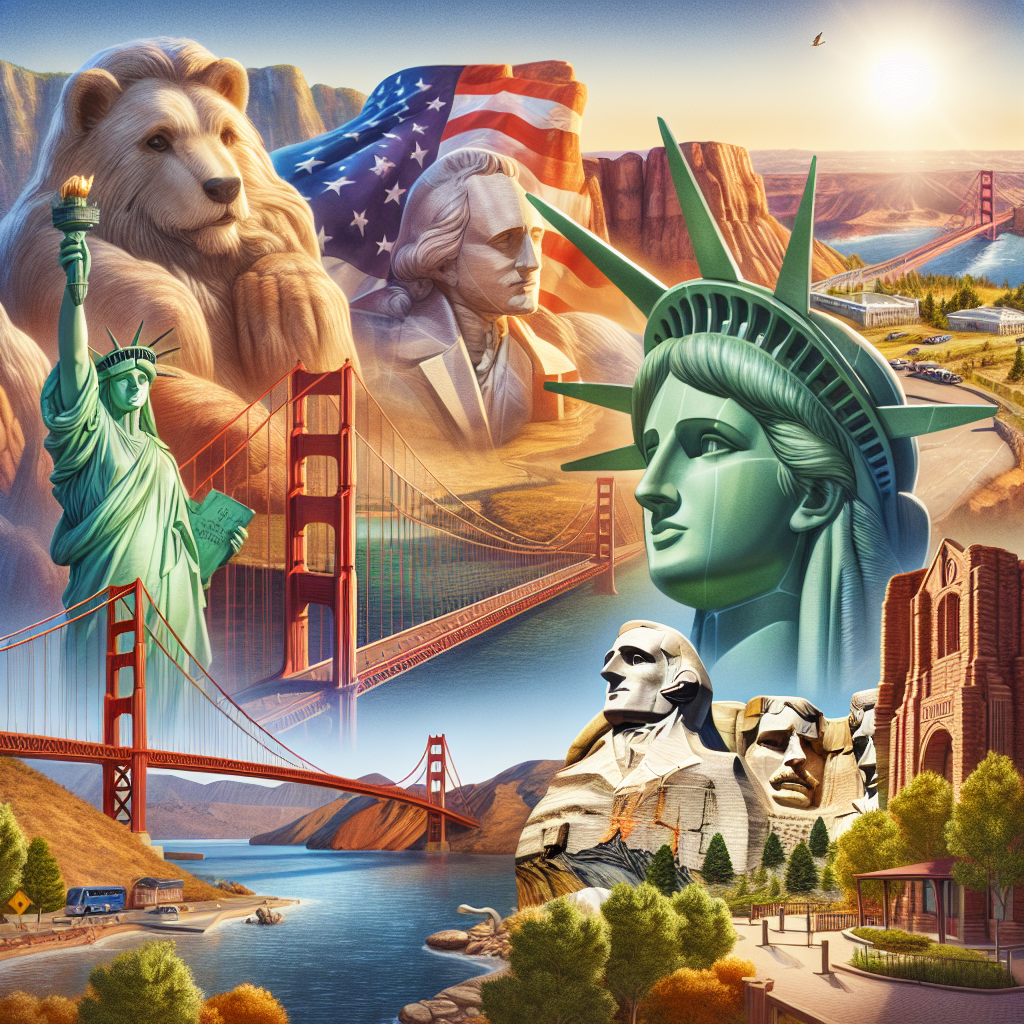 Realistic image of iconic American travel destinations with landmarks like the Statue of Liberty, Golden Gate Bridge, Mount Rushmore, and Grand Canyon.