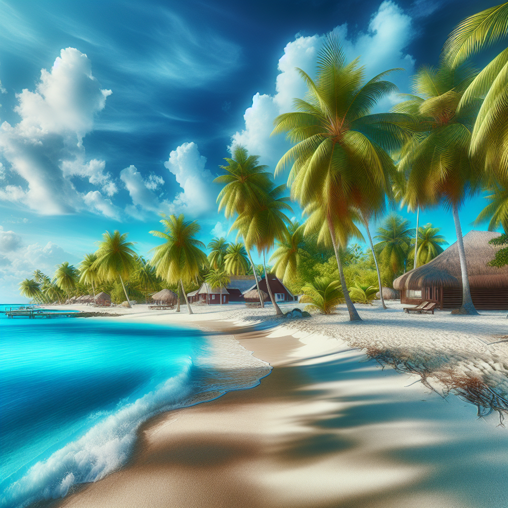 A realistic depiction of a Caribbean beach with azure waters, white sand, green palm trees, and tropical huts.