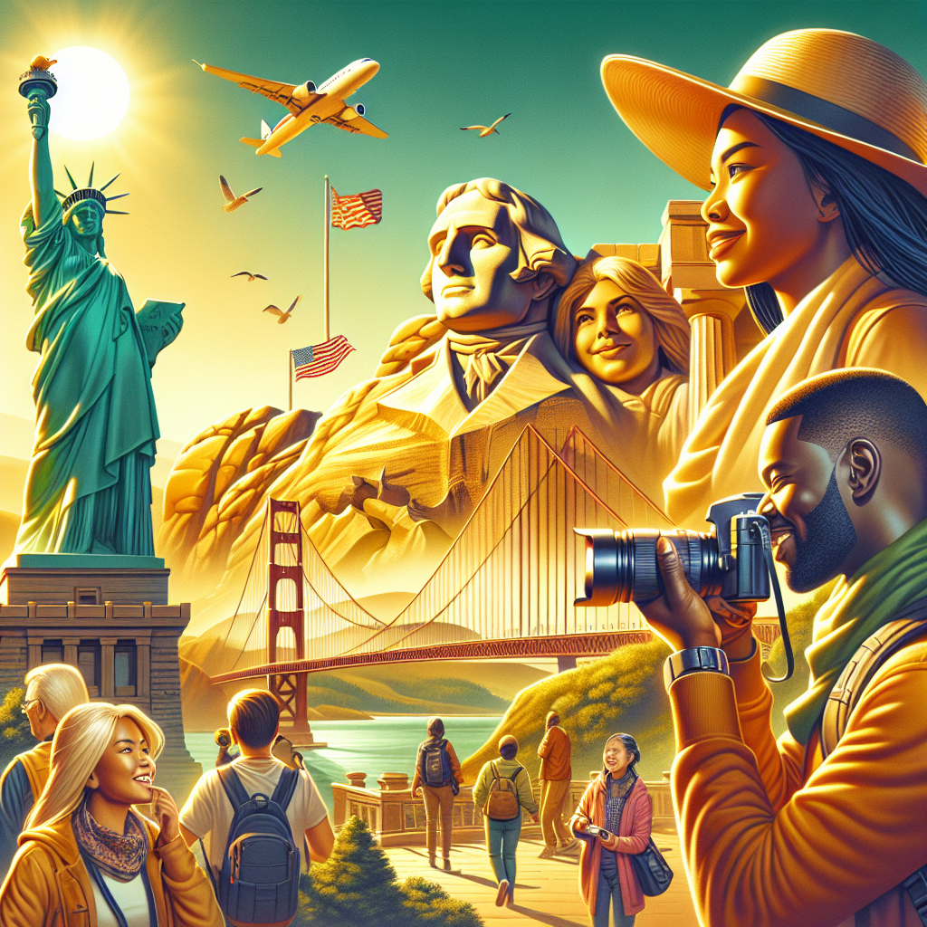 A travel introduction to the USA with realistic depictions of the Statue of Liberty, Golden Gate Bridge, Mount Rushmore, and happy travelers in a lively setting.