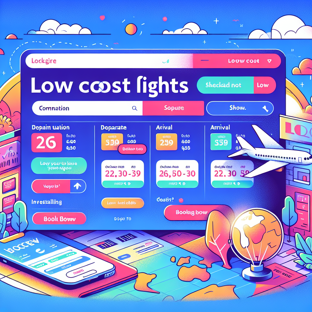 A realistic image of a budget airline ticket booking website interface displaying low-cost airfares.