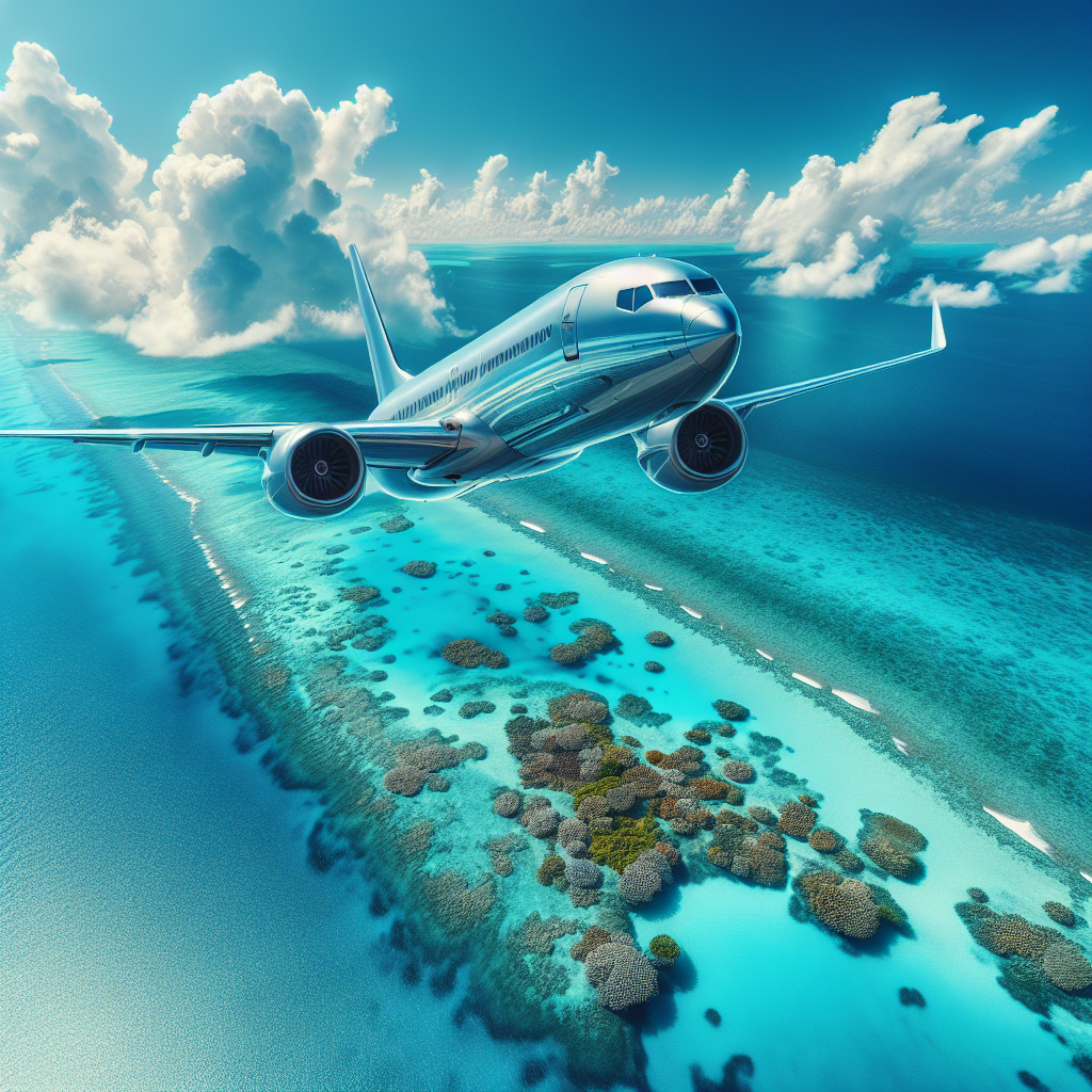 A realistic image of a modern airplane flying over the Caribbean Sea with clear turquoise waters and visible coral reefs.