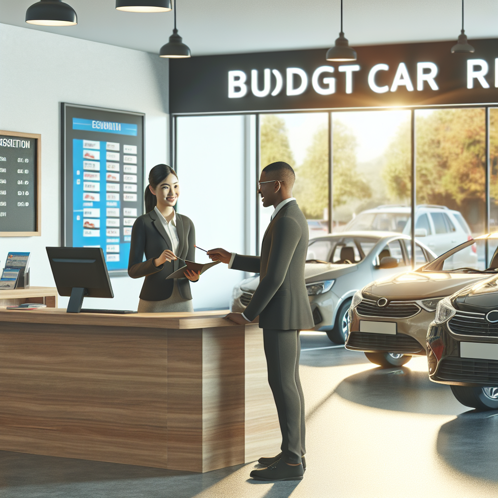 A realistic image of a budget car rental office with staff and parked cars.