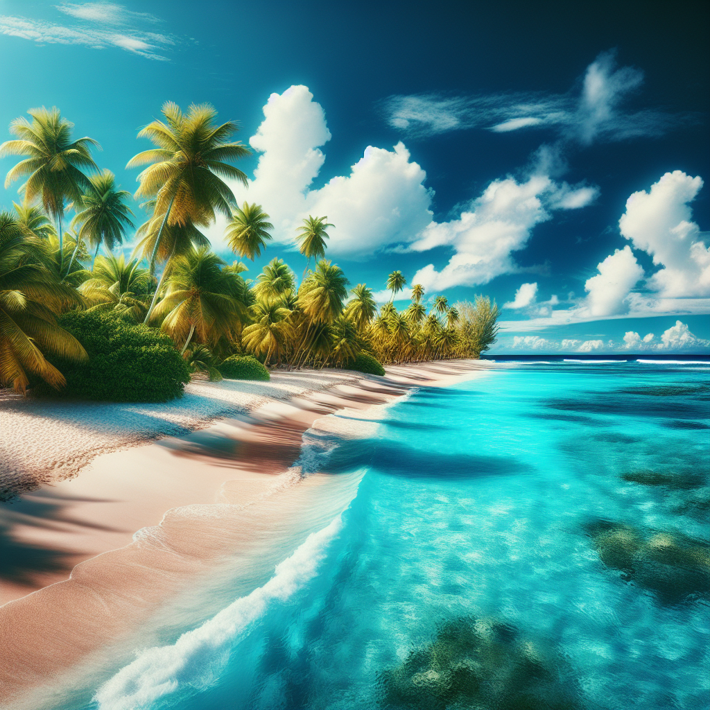 A realistic Caribbean beach with blue ocean, white sands, green palm trees, and clear sky.