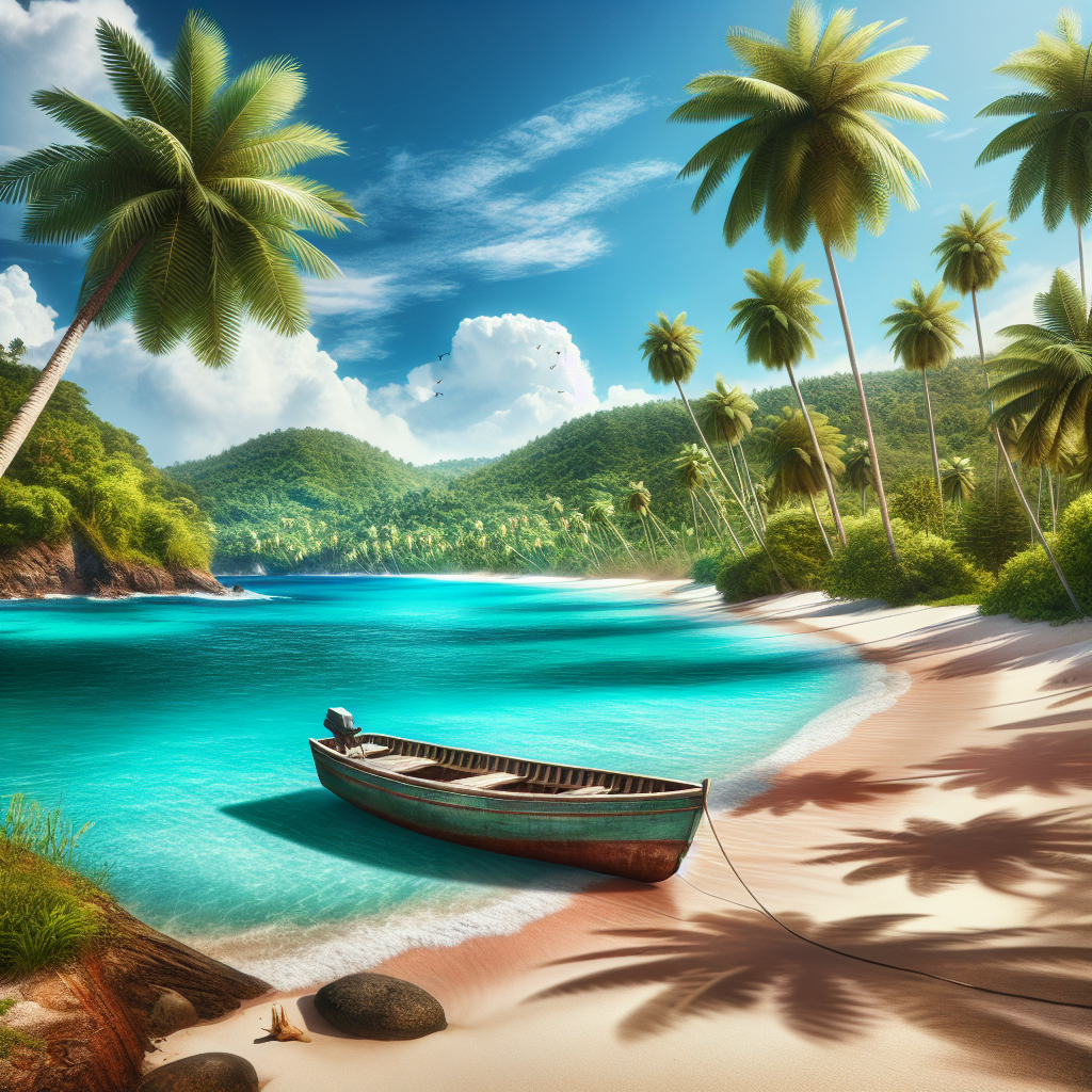 A realistic image of a Caribbean coast with white sand, turquoise waters, palm trees, and a wooden boat.