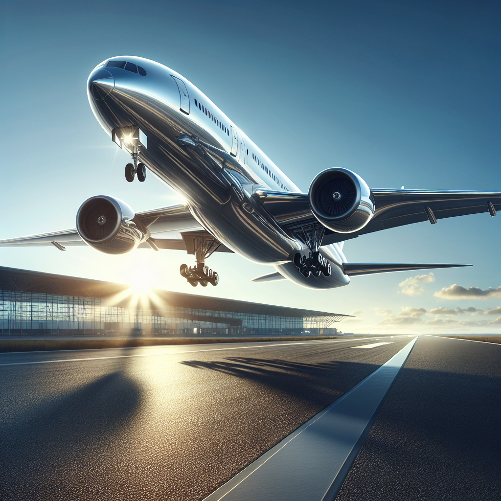 A sleek, modern airplane taking off from a runway against a clear blue sky at sunrise, symbolizing low-cost airfares.