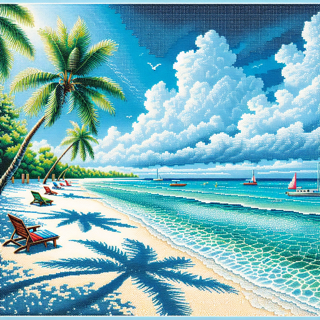 A realistic Caribbean beach scene with turquoise waters, white sands, and palm trees.