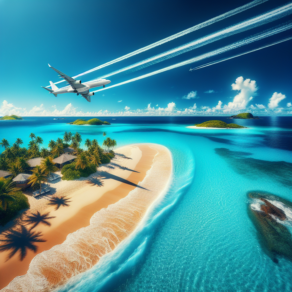 A realistic image of a Caribbean beach with a modern airplane flying overhead.