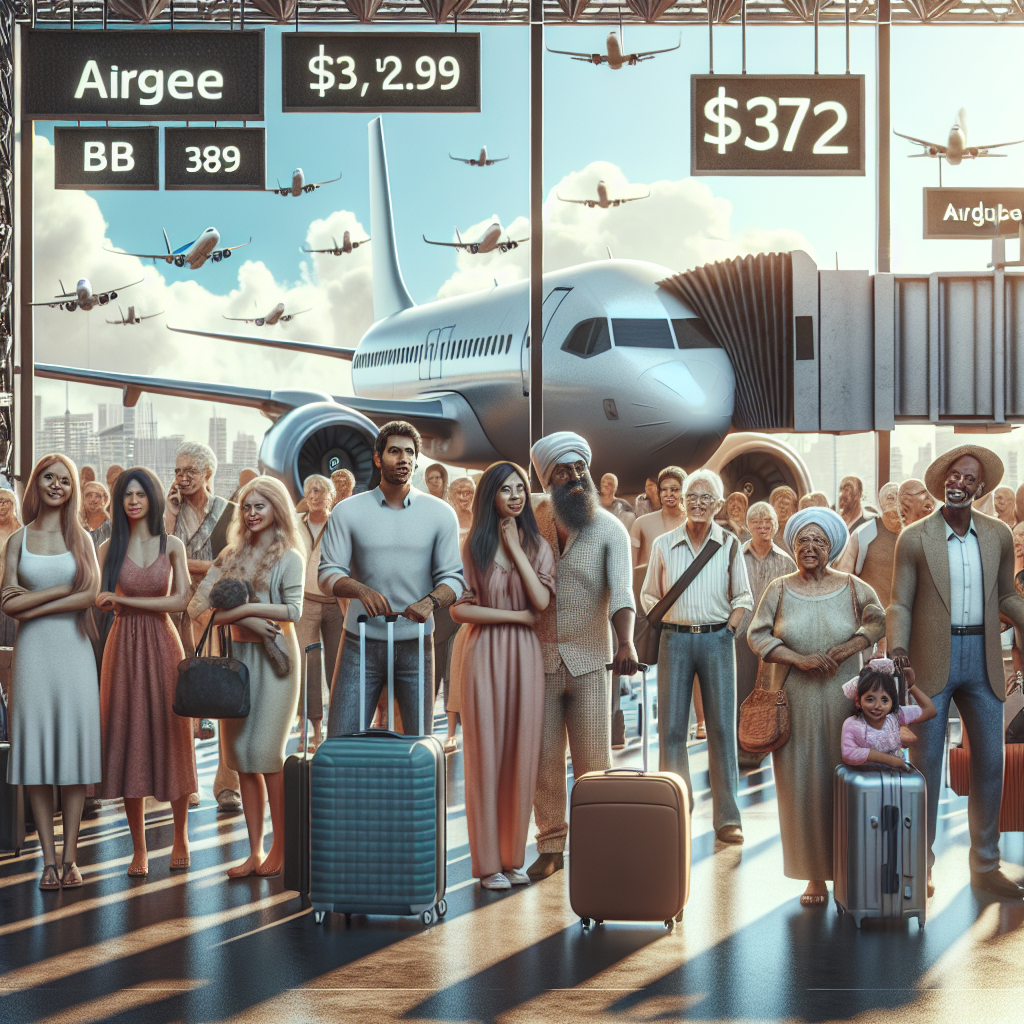 A realistic depiction of a scene with low-cost airfares, featuring an airplane, vibrant airport, and excited travelers.