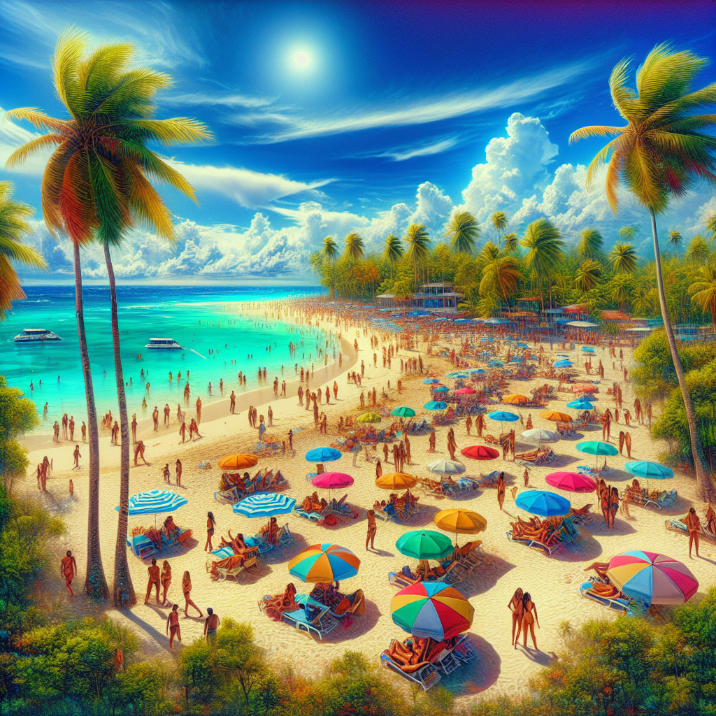 A realistic image of a Caribbean beach with clear waters, palm trees, and beach umbrellas.