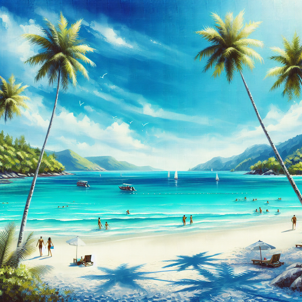 Realistic depiction of a vibrant beach in the Bahamas with turquoise waters, white sand, palm trees, and a clear blue sky.