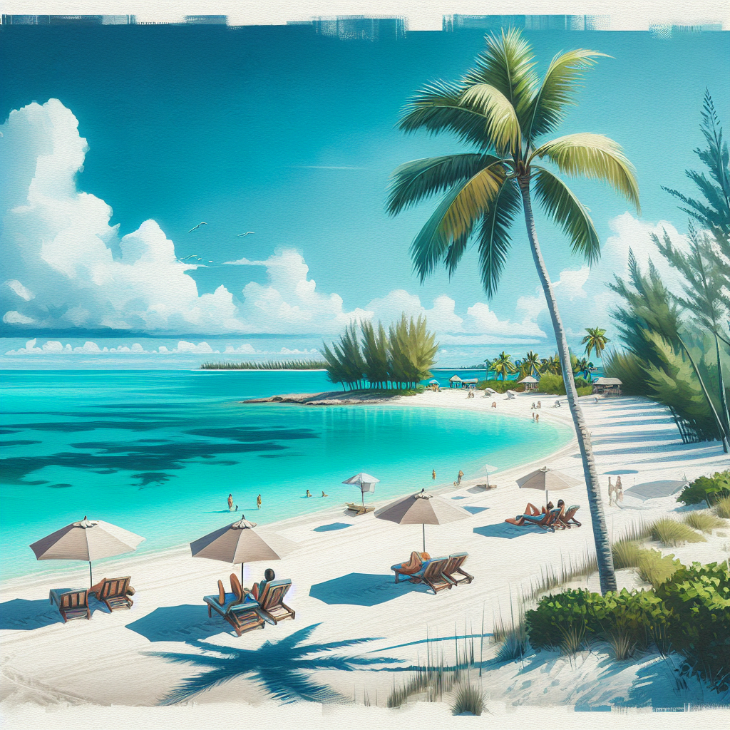 A beautiful and inviting beach scene in the Bahamas with white sands, turquoise waters, clear skies, and palm trees.