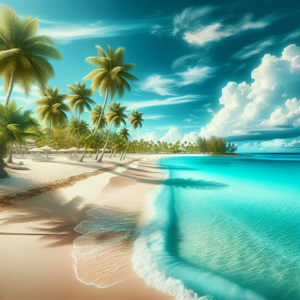 A realistic beach scene in the Bahamas with turquoise waters and white sandy shores.