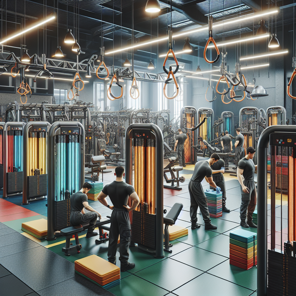 Realistic depiction of technicians working on multistation gym repair solutions in a modern and spacious gym environment.