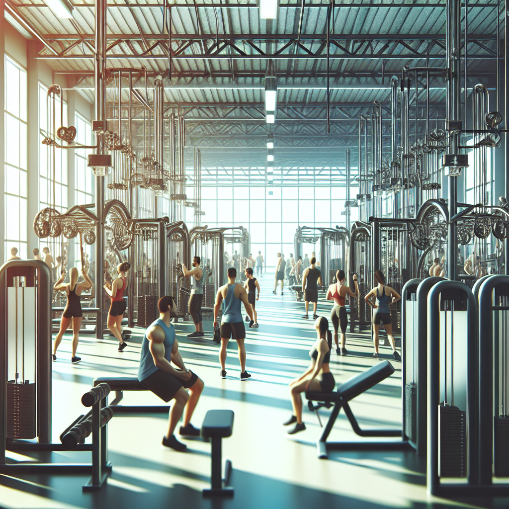 A realistic gym scene with people using and repairing multistation gym equipment, indicating maintenance and functionality.