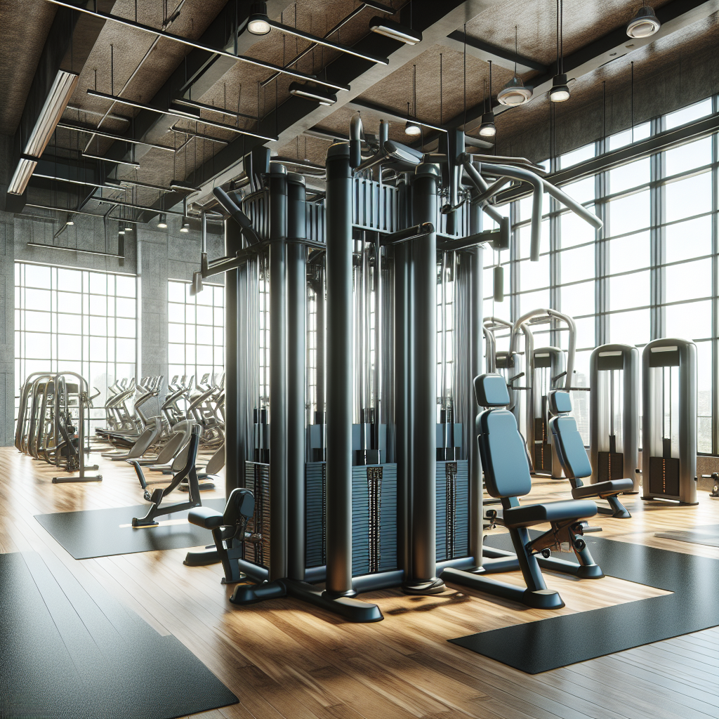 A modern gym room with large windows and a central multistation gym equipment setup in a well-lit, spacious interior.